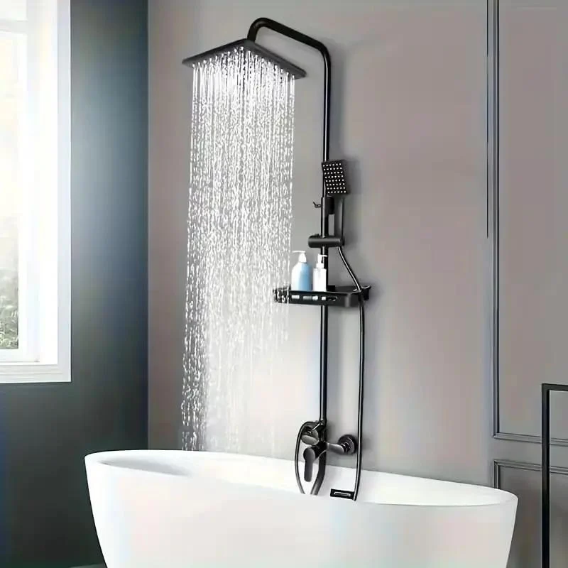 Matte Black Rain Shower System Complete Set with Square Rainfall Head and Handheld Shower Wand Adjustable Slide Bar Built in Storage Shelf Elevate Your Daily Vibe with this Badass Upgrade