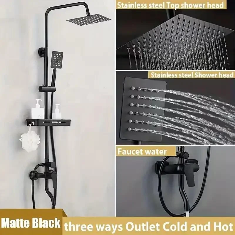 Matte Black Rain Shower System Complete Set with Square Rainfall Head and Handheld Shower Wand Adjustable Slide Bar Built in Storage Shelf Elevate Your Daily Vibe with this Badass Upgrade