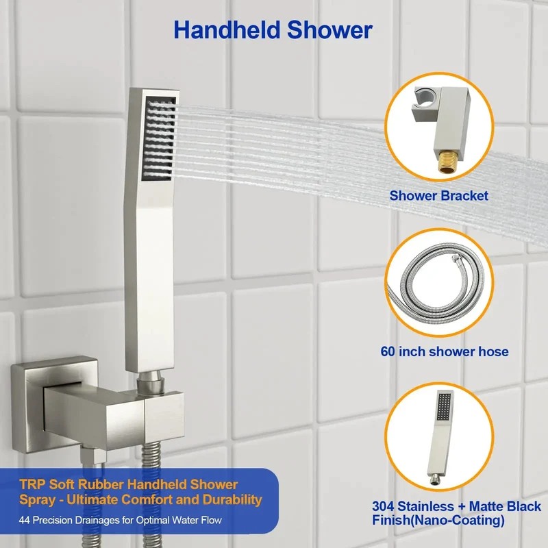 10 Inch Square Rainfall Shower System With Slim Handheld Sprayer Dual Outlet Control Valve Soft Silicone Nozzles Easy Clean Premium Bathroom Upgrade Rig That Brings The Chill Factor With Lush Spray Coverage And Rock Solid Build Quality For Ultimate Home