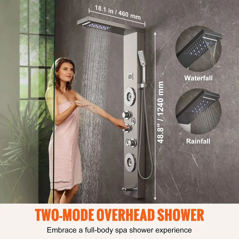 Slick 6 In 1 Shower Panel System Featuring Rock Solid Rainfall And Smooth Waterfall Modes Paired With Powerhouse Body Massage Jets And Totally Customizable Handheld Sprayer