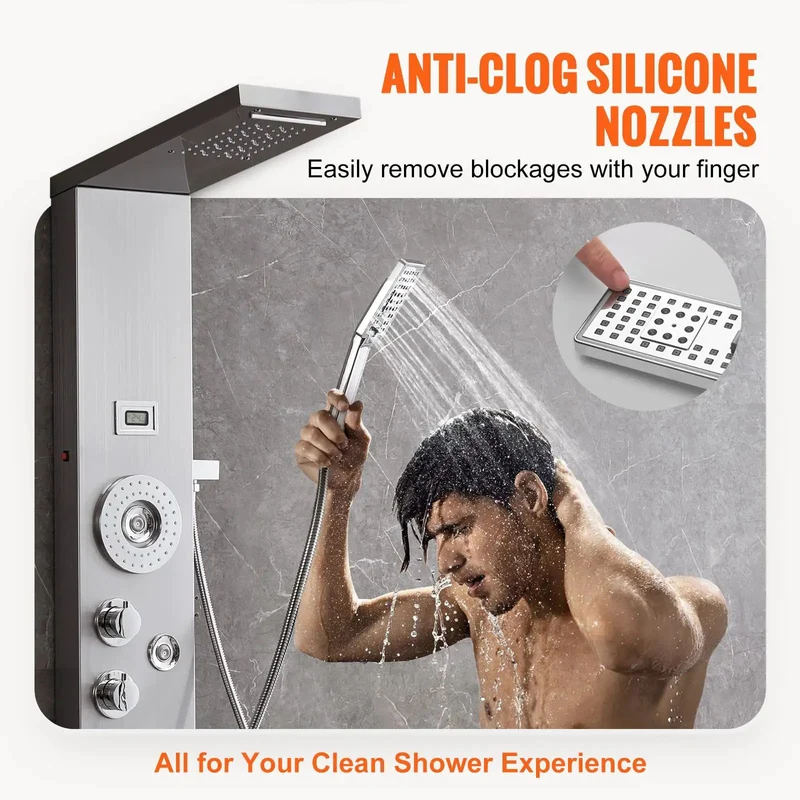 Slick 6 In 1 Shower Panel System Featuring Rock Solid Rainfall And Smooth Waterfall Modes Paired With Powerhouse Body Massage Jets And Totally Customizable Handheld Sprayer