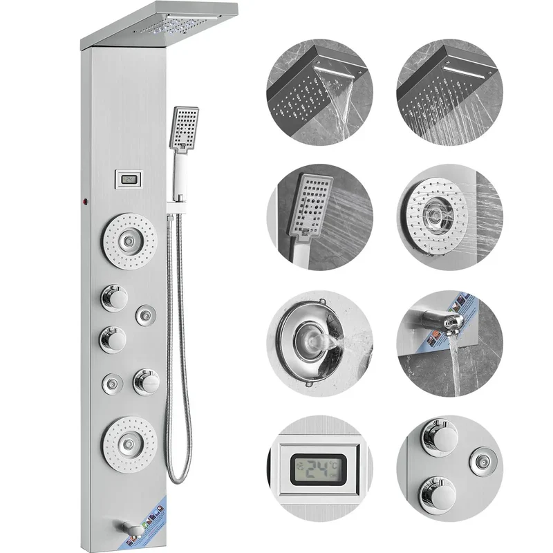 Slick 6 In 1 Shower Panel System Featuring Rock Solid Rainfall And Smooth Waterfall Modes Paired With Powerhouse Body Massage Jets And Totally Customizable Handheld Sprayer