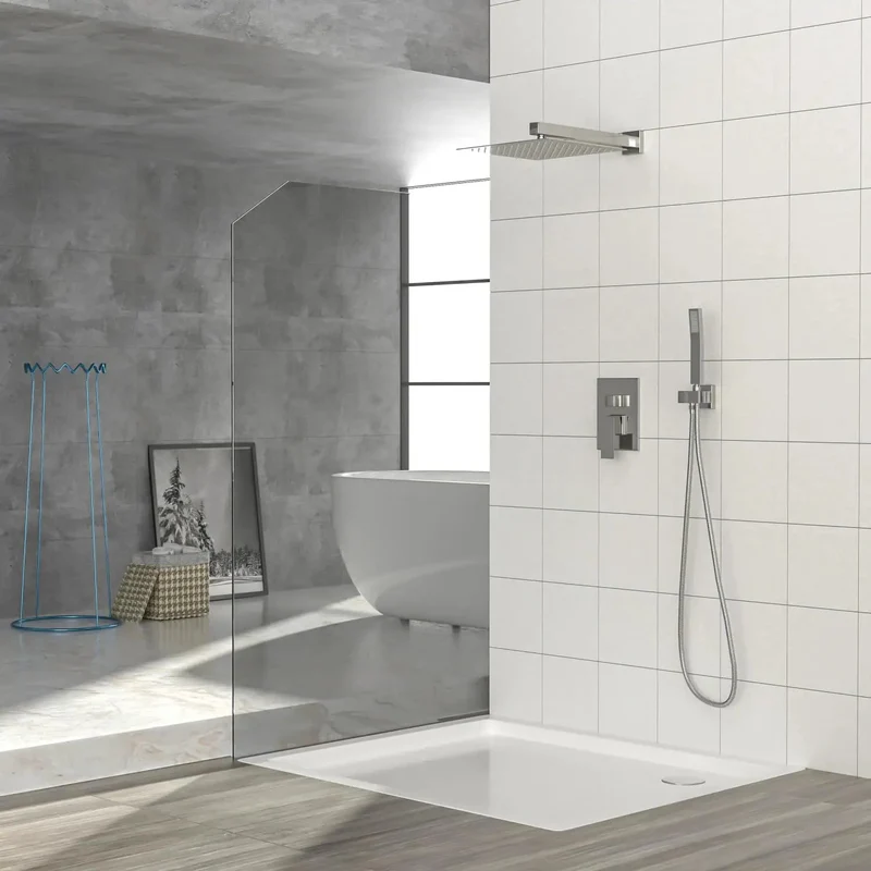 Smooth Operator Wall Mounted Square Shower System With Brushed Nickel Finish Featuring Adjustable Rain Spray And Rust Proof Control Hardware For A Tight Setup