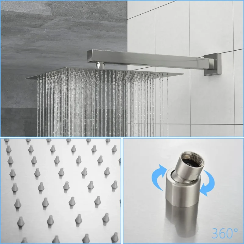 Smooth Operator Wall Mounted Square Shower System With Brushed Nickel Finish Featuring Adjustable Rain Spray And Rust Proof Control Hardware For A Tight Setup