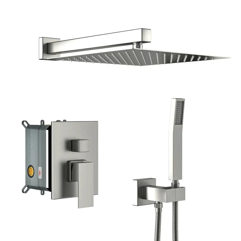 Smooth Operator Wall Mounted Square Shower System With Brushed Nickel Finish Featuring Adjustable Rain Spray And Rust Proof Control Hardware For A Tight Setup