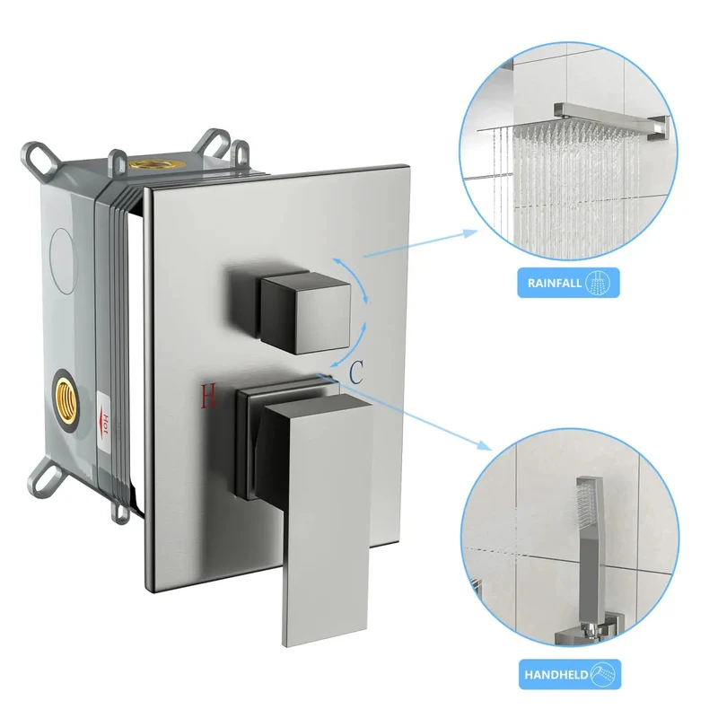 Smooth Operator Wall Mounted Square Shower System With Brushed Nickel Finish Featuring Adjustable Rain Spray And Rust Proof Control Hardware For A Tight Setup