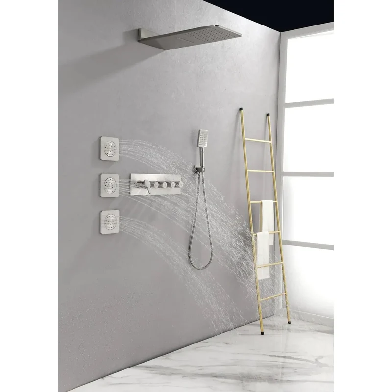 Wall Mounted Waterfall Rain Shower System With 3 Body Sprays And Handheld Shower Brushed Nickel Brass Construction Zero Stress Install Fits Standard Pipe Self Cleaning Silicone Nozzles Keep Flow Smooth All Day