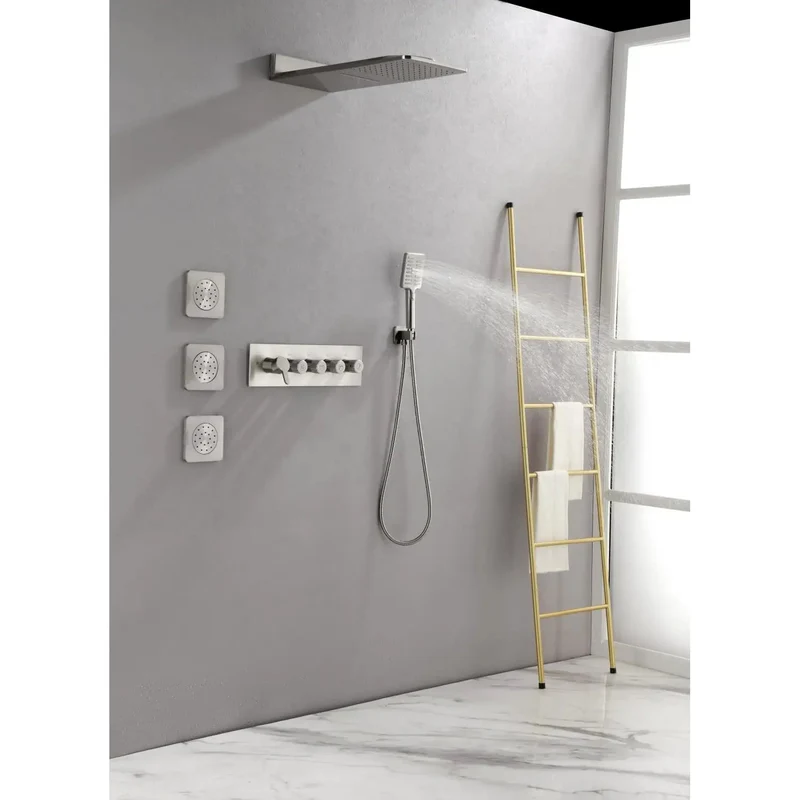 Wall Mounted Waterfall Rain Shower System With 3 Body Sprays And Handheld Shower Brushed Nickel Brass Construction Zero Stress Install Fits Standard Pipe Self Cleaning Silicone Nozzles Keep Flow Smooth All Day