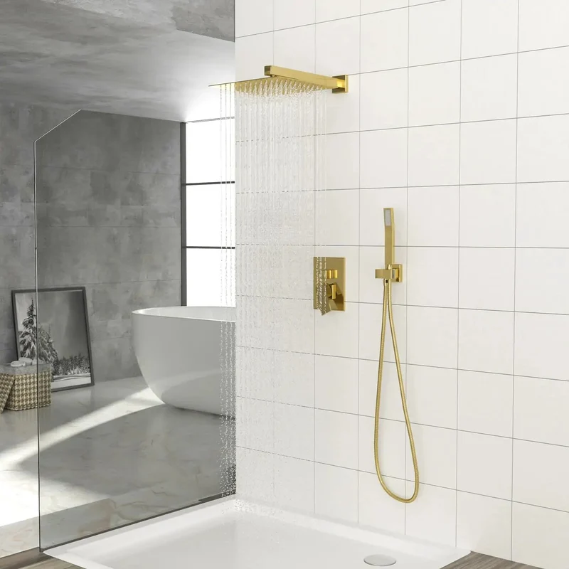 Wall Mounted Square Shower System With Durable Stainless Steel And Brass Gold Tone Rain Shower Head Plus Handheld Spray Pressure Balanced Rough In Valve For Easy Cleaning And A Super Slick Bathroom Glow Up