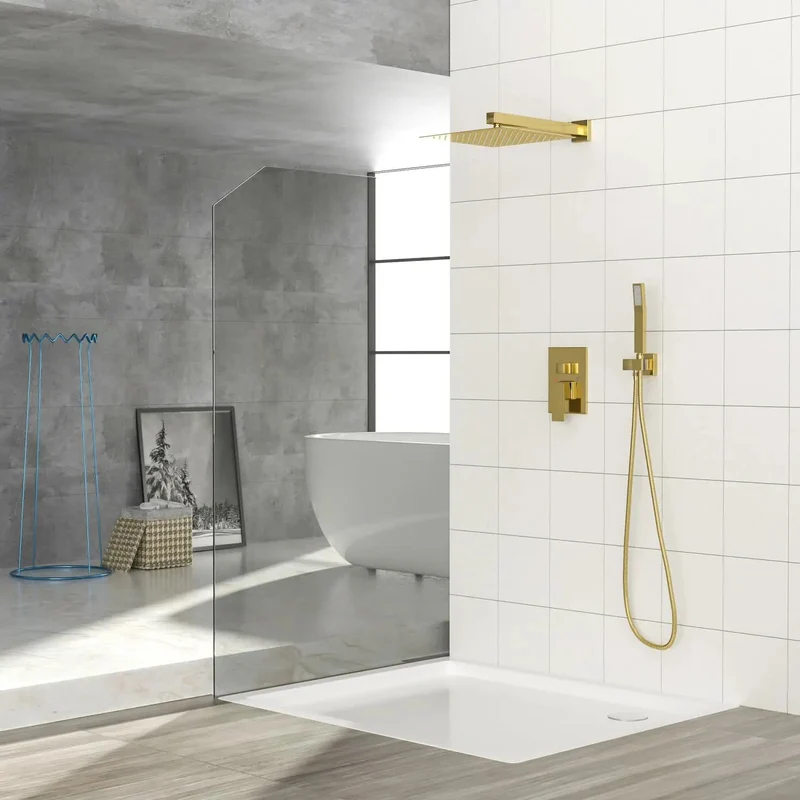 Wall Mounted Square Shower System With Durable Stainless Steel And Brass Gold Tone Rain Shower Head Plus Handheld Spray Pressure Balanced Rough In Valve For Easy Cleaning And A Super Slick Bathroom Glow Up