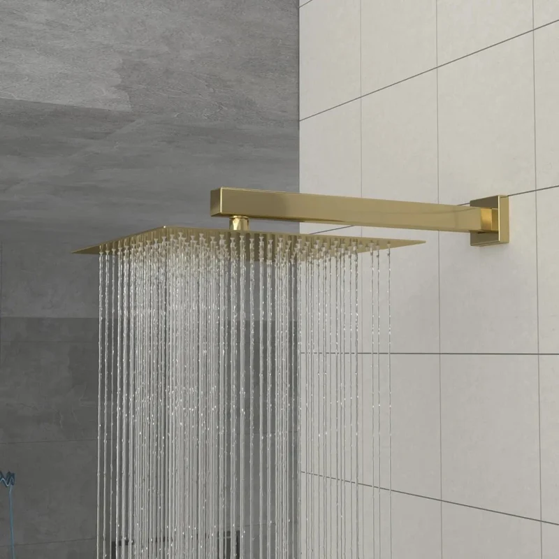 Wall Mounted Square Shower System With Durable Stainless Steel And Brass Gold Tone Rain Shower Head Plus Handheld Spray Pressure Balanced Rough In Valve For Easy Cleaning And A Super Slick Bathroom Glow Up