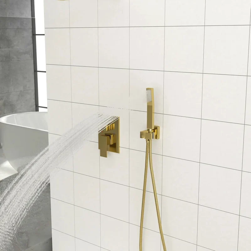 Wall Mounted Square Shower System With Durable Stainless Steel And Brass Gold Tone Rain Shower Head Plus Handheld Spray Pressure Balanced Rough In Valve For Easy Cleaning And A Super Slick Bathroom Glow Up