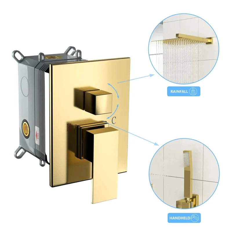 Wall Mounted Square Shower System With Durable Stainless Steel And Brass Gold Tone Rain Shower Head Plus Handheld Spray Pressure Balanced Rough In Valve For Easy Cleaning And A Super Slick Bathroom Glow Up