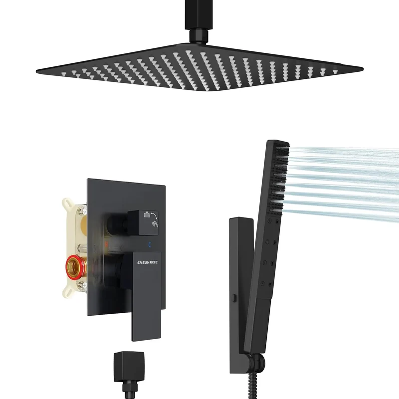 Premium Ceiling Mount Shower System Featuring 12 Inch Rainfall Head In Slick Matte Black Finish For Quick Hookups And Chill Spa Grade Bathroom Refresh