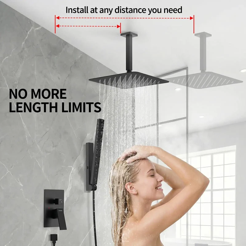 Premium Ceiling Mount Shower System Featuring 12 Inch Rainfall Head In Slick Matte Black Finish For Quick Hookups And Chill Spa Grade Bathroom Refresh