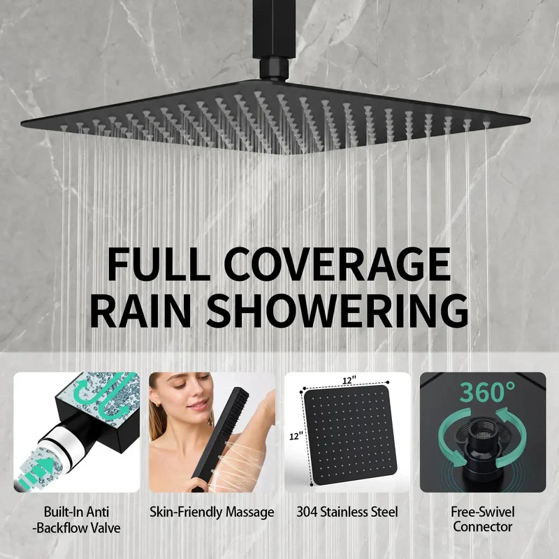Premium Ceiling Mount Shower System Featuring 12 Inch Rainfall Head In Slick Matte Black Finish For Quick Hookups And Chill Spa Grade Bathroom Refresh