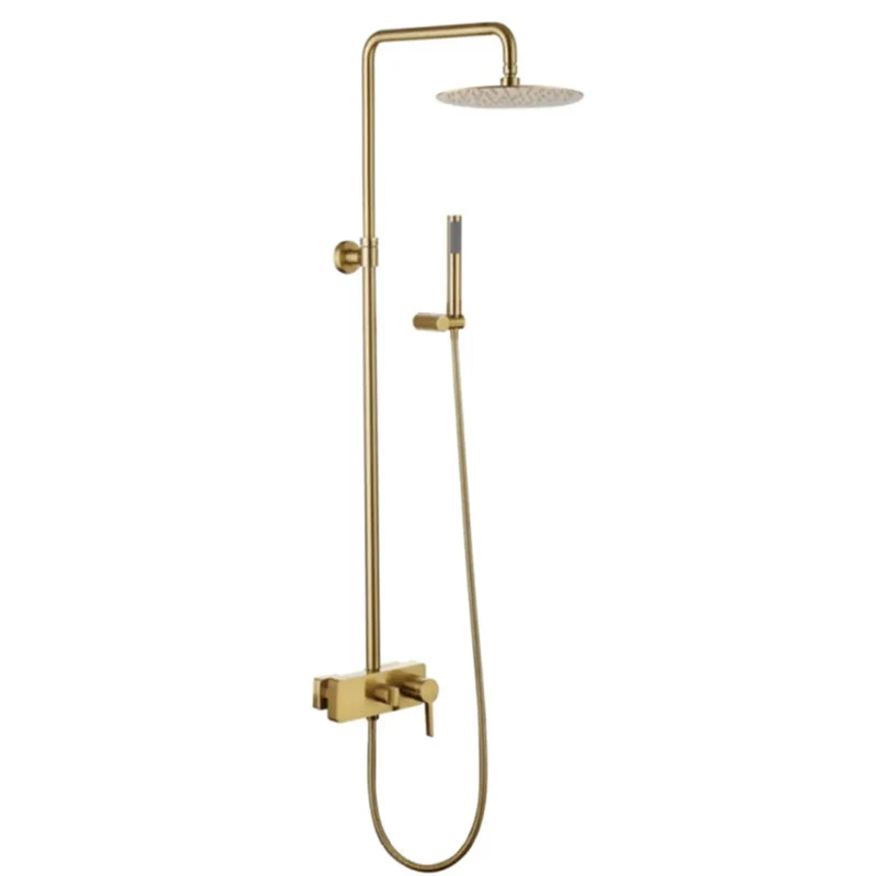 Slick Wall Mount Exposed Shower System Brushed Gold Finish Solid Copper Bath Faucet Kit With Handheld Sprayer And Brass Rough In Valve Setup For Next Level Bathroom Upgrades