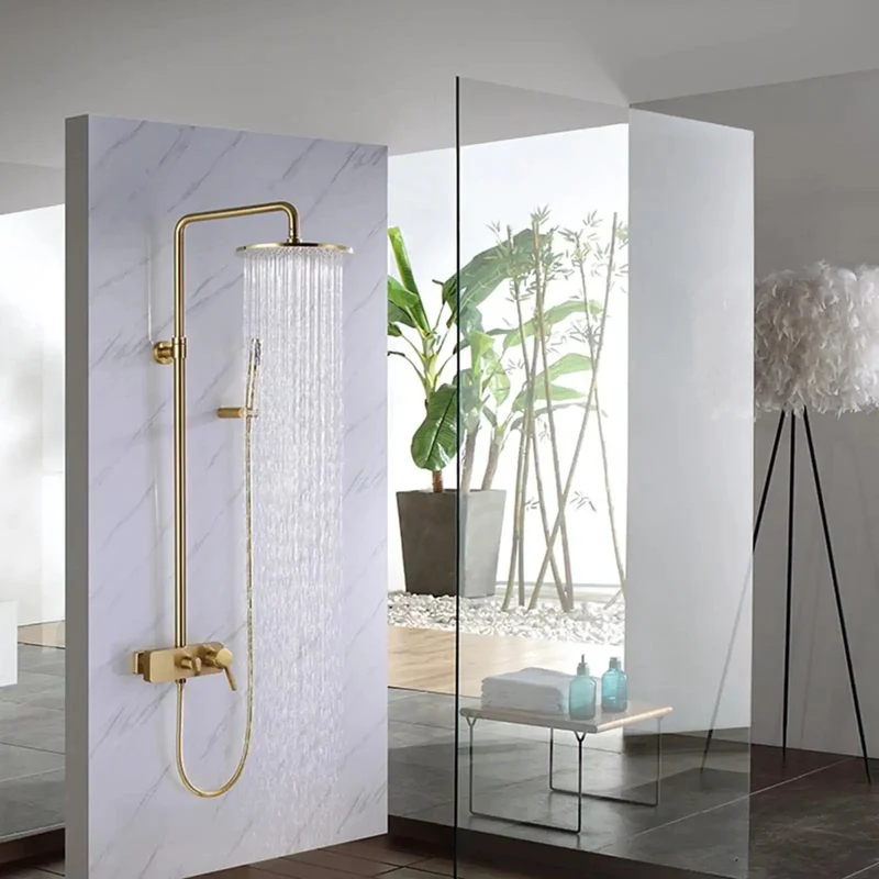 Slick Wall Mount Exposed Shower System Brushed Gold Finish Solid Copper Bath Faucet Kit With Handheld Sprayer And Brass Rough In Valve Setup For Next Level Bathroom Upgrades