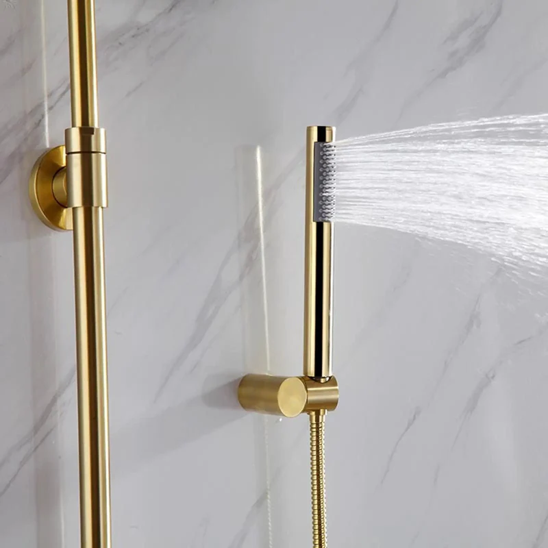 Slick Wall Mount Exposed Shower System Brushed Gold Finish Solid Copper Bath Faucet Kit With Handheld Sprayer And Brass Rough In Valve Setup For Next Level Bathroom Upgrades