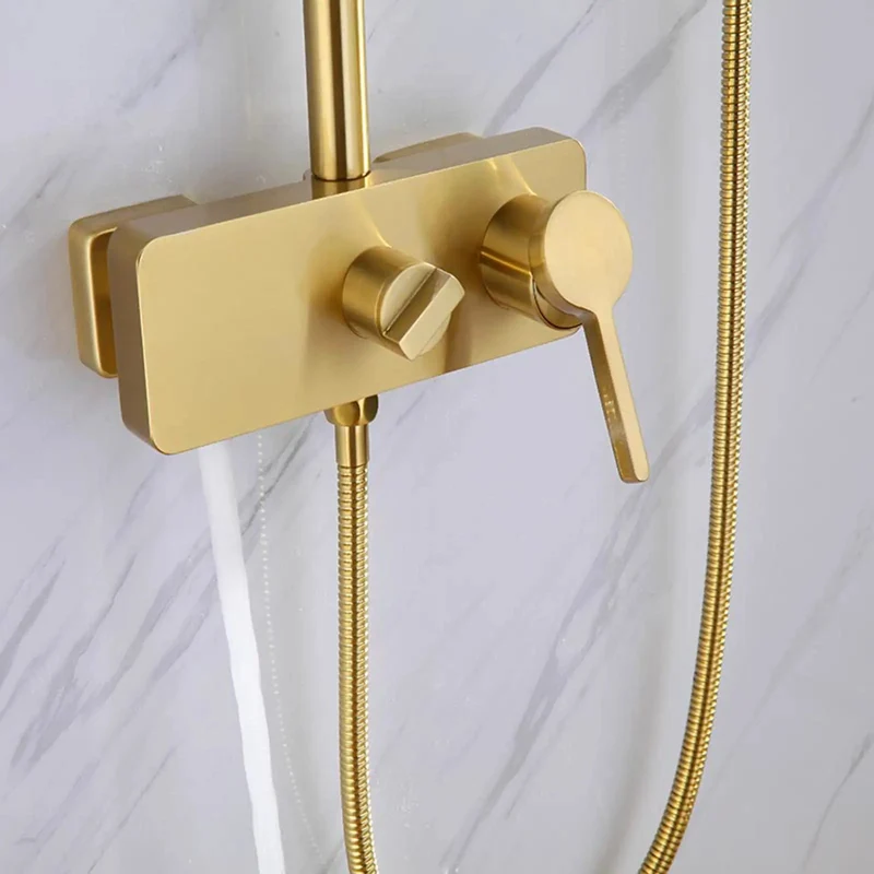 Slick Wall Mount Exposed Shower System Brushed Gold Finish Solid Copper Bath Faucet Kit With Handheld Sprayer And Brass Rough In Valve Setup For Next Level Bathroom Upgrades