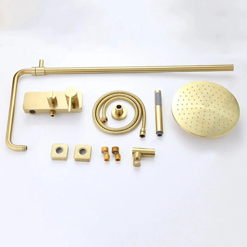 Slick Wall Mount Exposed Shower System Brushed Gold Finish Solid Copper Bath Faucet Kit With Handheld Sprayer And Brass Rough In Valve Setup For Next Level Bathroom Upgrades