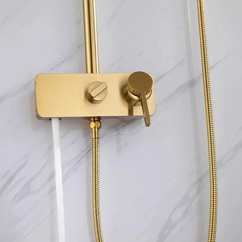 Slick Wall Mount Exposed Shower System Brushed Gold Finish Solid Copper Bath Faucet Kit With Handheld Sprayer And Brass Rough In Valve Setup For Next Level Bathroom Upgrades
