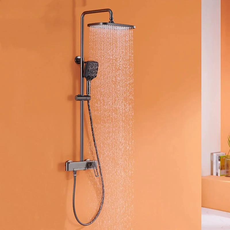 Top Tier Wall Mounted Exposed Shower System With Tub Spout And Multi Function Handheld Sprayer On Slick Height Adjustable Rail In Sharp Gun Gray Bathroom Fixture