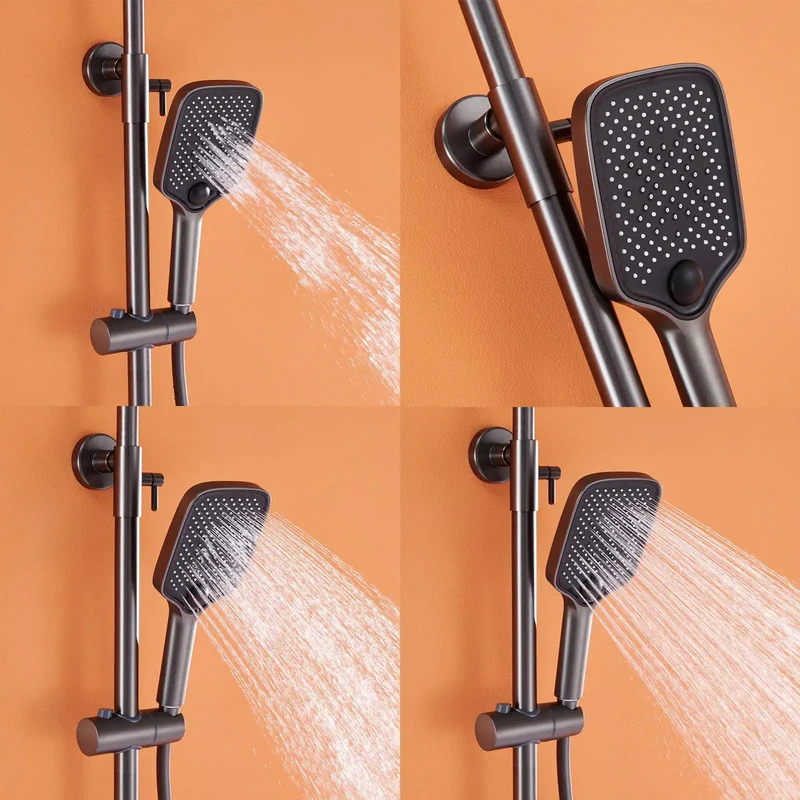 Top Tier Wall Mounted Exposed Shower System With Tub Spout And Multi Function Handheld Sprayer On Slick Height Adjustable Rail In Sharp Gun Gray Bathroom Fixture