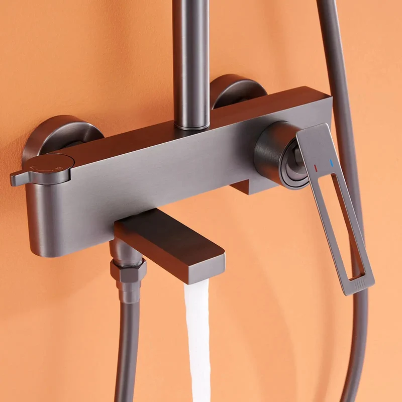Top Tier Wall Mounted Exposed Shower System With Tub Spout And Multi Function Handheld Sprayer On Slick Height Adjustable Rail In Sharp Gun Gray Bathroom Fixture