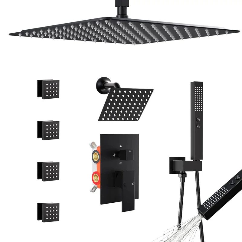 Kickin Dual Head Shower System Featuring A Massive 16 Inch Rainfall Head Paired With A Snappy 6 Inch Wall Spray Four Rugged Body Jets And A Smooth Handheld Faucet Combo Finished In Sleek Matte Black