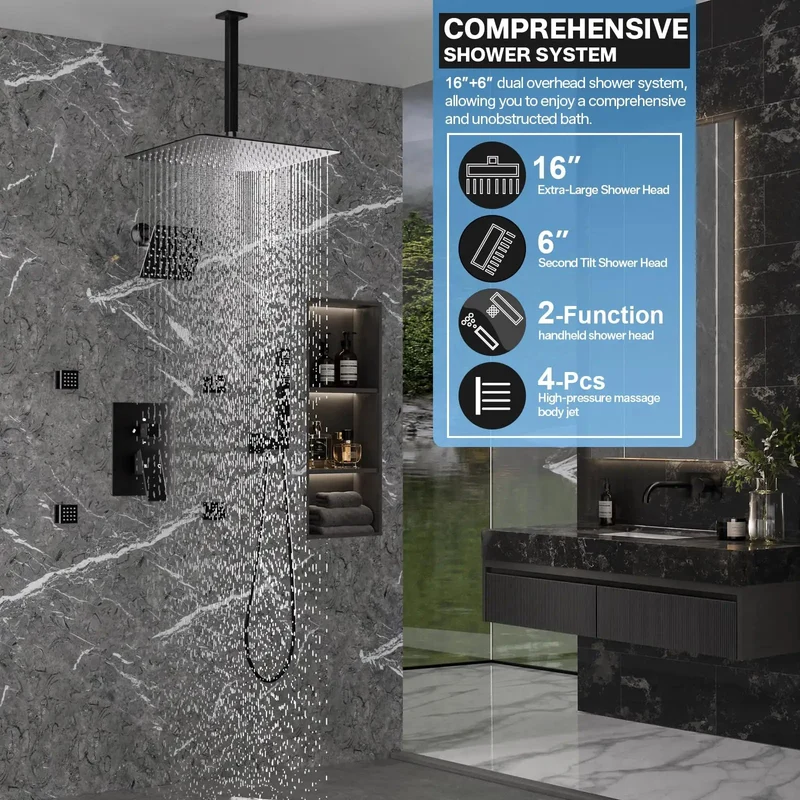 Kickin Dual Head Shower System Featuring A Massive 16 Inch Rainfall Head Paired With A Snappy 6 Inch Wall Spray Four Rugged Body Jets And A Smooth Handheld Faucet Combo Finished In Sleek Matte Black