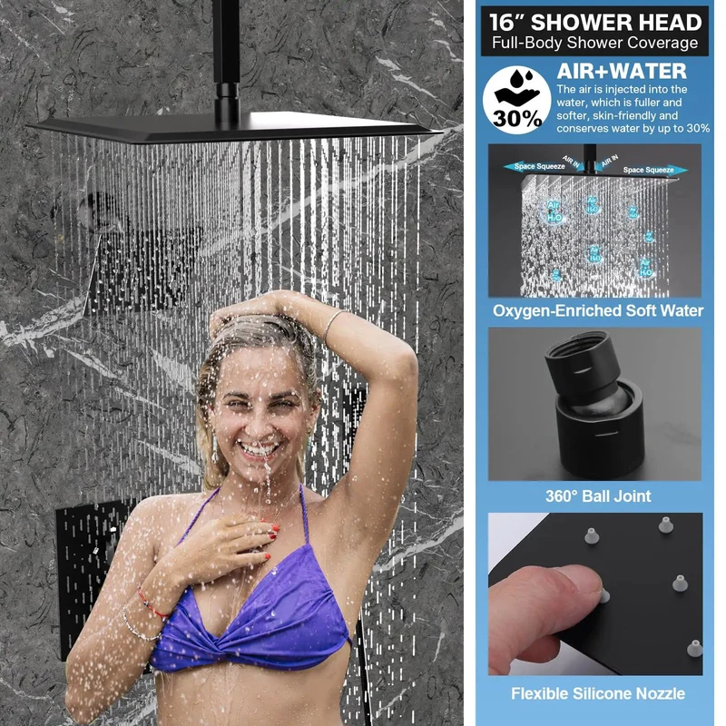 Kickin Dual Head Shower System Featuring A Massive 16 Inch Rainfall Head Paired With A Snappy 6 Inch Wall Spray Four Rugged Body Jets And A Smooth Handheld Faucet Combo Finished In Sleek Matte Black