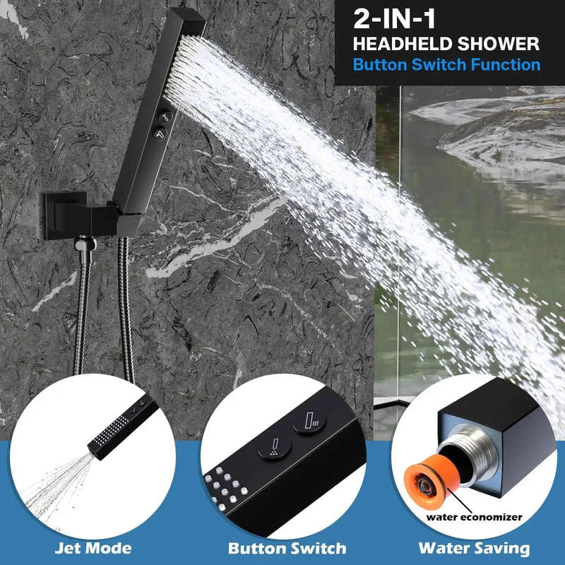 Kickin Dual Head Shower System Featuring A Massive 16 Inch Rainfall Head Paired With A Snappy 6 Inch Wall Spray Four Rugged Body Jets And A Smooth Handheld Faucet Combo Finished In Sleek Matte Black