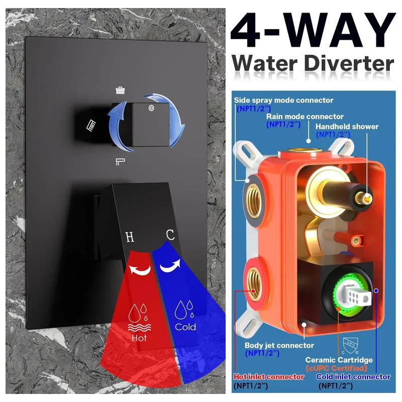 Kickin Dual Head Shower System Featuring A Massive 16 Inch Rainfall Head Paired With A Snappy 6 Inch Wall Spray Four Rugged Body Jets And A Smooth Handheld Faucet Combo Finished In Sleek Matte Black