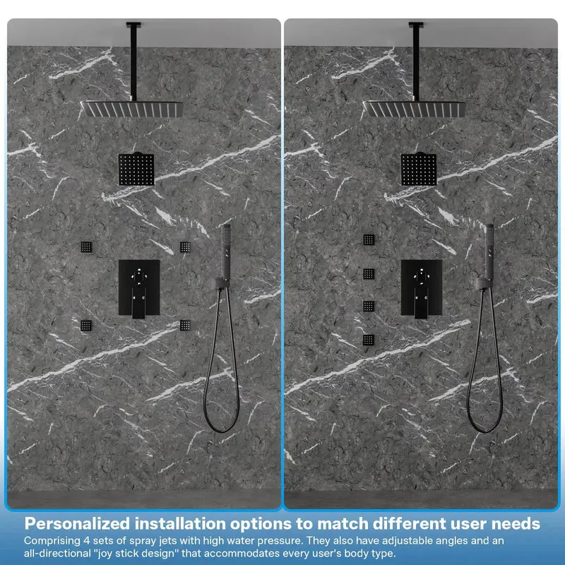 Kickin Dual Head Shower System Featuring A Massive 16 Inch Rainfall Head Paired With A Snappy 6 Inch Wall Spray Four Rugged Body Jets And A Smooth Handheld Faucet Combo Finished In Sleek Matte Black