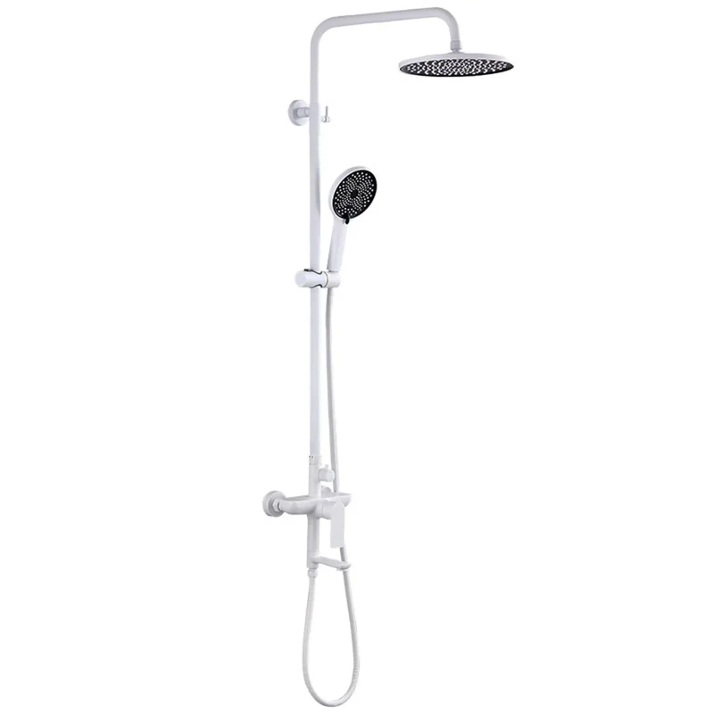 Super Solid Exposed Bathroom Shower System With Tub Spout And 180 Degree Rotating Spout In Crisp White Finish For Steady Stream And No Nonsense Daily Cleanup