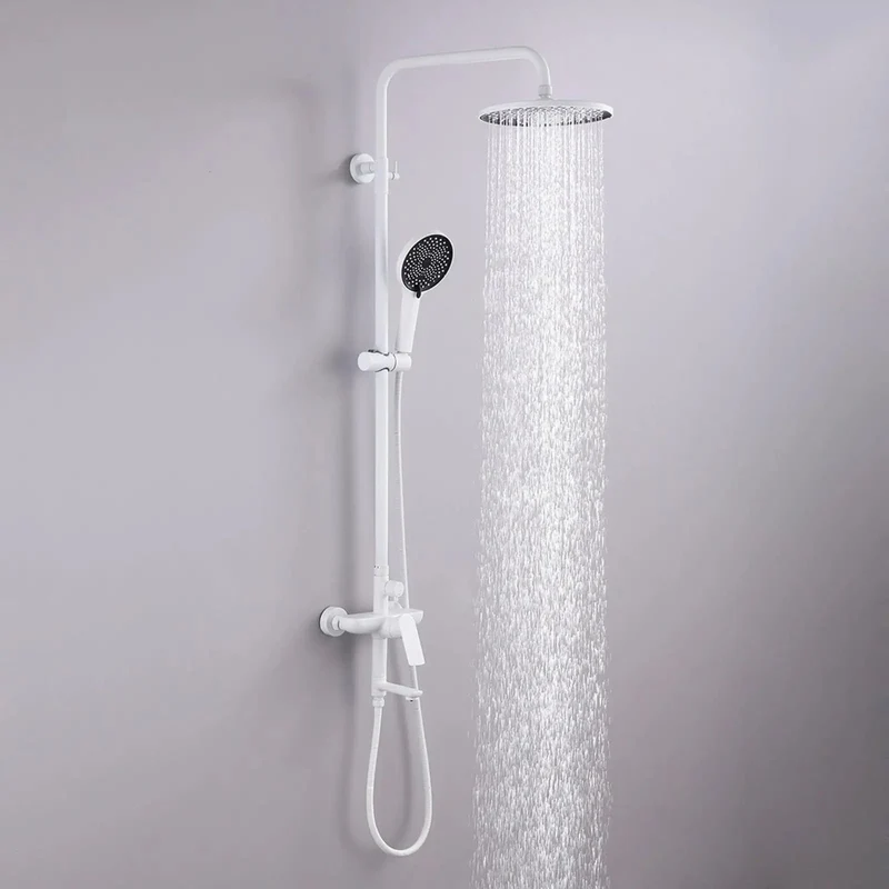 Super Solid Exposed Bathroom Shower System With Tub Spout And 180 Degree Rotating Spout In Crisp White Finish For Steady Stream And No Nonsense Daily Cleanup