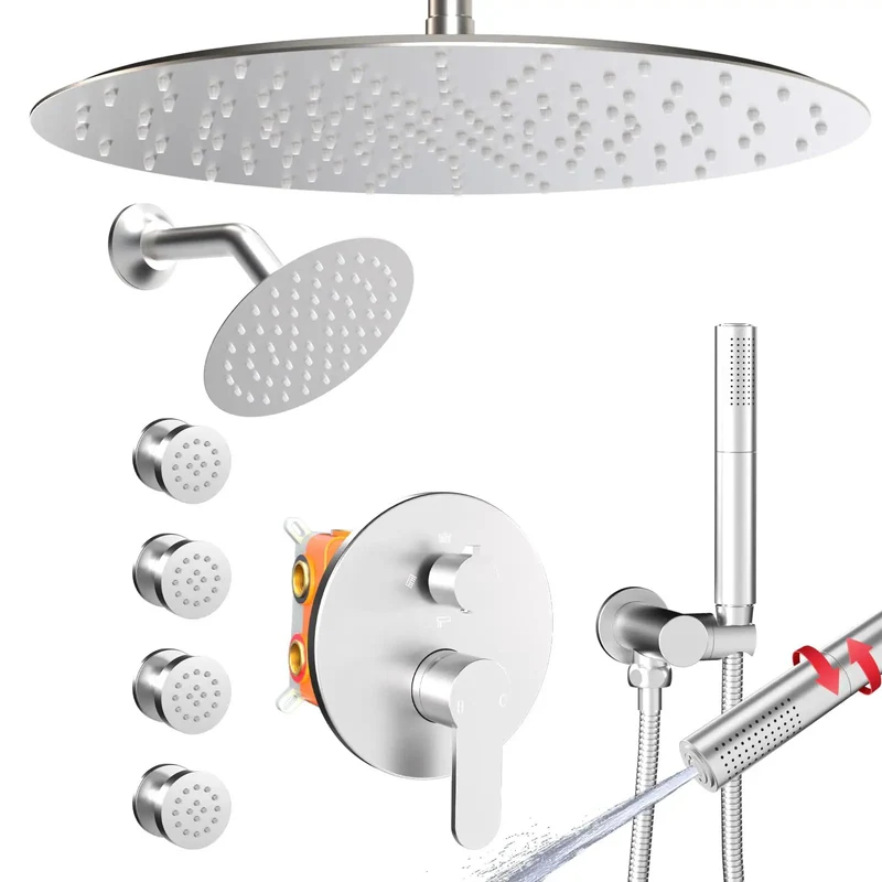 Top Shelf Brushed Nickel Dual Shower System With Four Heavy Duty Body Jets And A Generous Sixteen Inch Ceiling Mount Rain Head Paired With A Slick Handheld Sprayer For Knockout Bathroom Upgrades