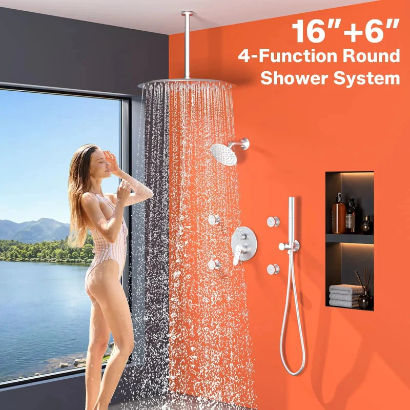 Top Shelf Brushed Nickel Dual Shower System With Four Heavy Duty Body Jets And A Generous Sixteen Inch Ceiling Mount Rain Head Paired With A Slick Handheld Sprayer For Knockout Bathroom Upgrades