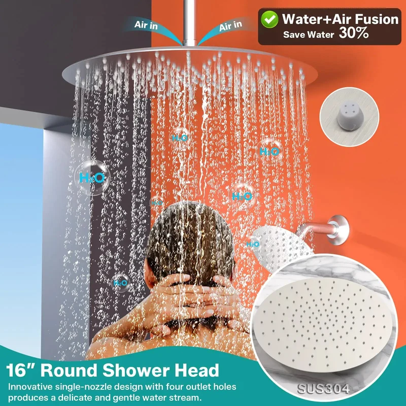 Top Shelf Brushed Nickel Dual Shower System With Four Heavy Duty Body Jets And A Generous Sixteen Inch Ceiling Mount Rain Head Paired With A Slick Handheld Sprayer For Knockout Bathroom Upgrades