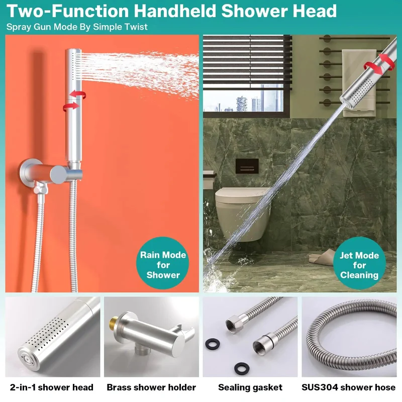 Top Shelf Brushed Nickel Dual Shower System With Four Heavy Duty Body Jets And A Generous Sixteen Inch Ceiling Mount Rain Head Paired With A Slick Handheld Sprayer For Knockout Bathroom Upgrades