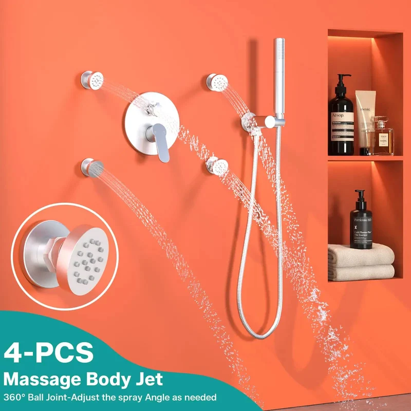 Top Shelf Brushed Nickel Dual Shower System With Four Heavy Duty Body Jets And A Generous Sixteen Inch Ceiling Mount Rain Head Paired With A Slick Handheld Sprayer For Knockout Bathroom Upgrades