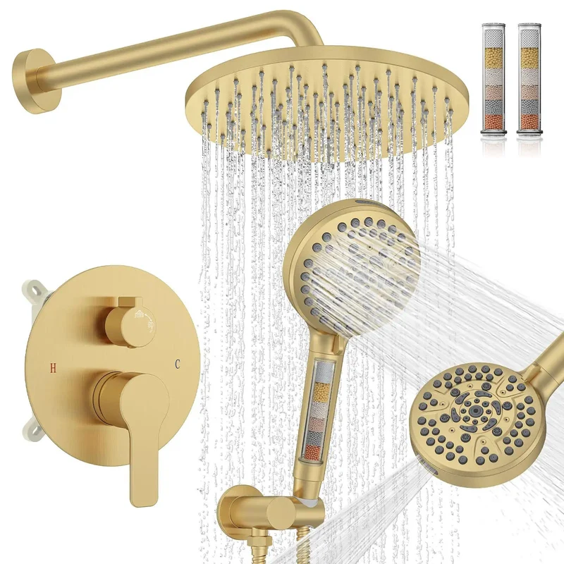 Top Shelf Brushed Gold Shower System Game Changer Featuring Dual Rain Head And Filtered Handheld Sprayer With Solid Brass Valve For Fresh Bathroom Vibes And Effortless Daily Showers