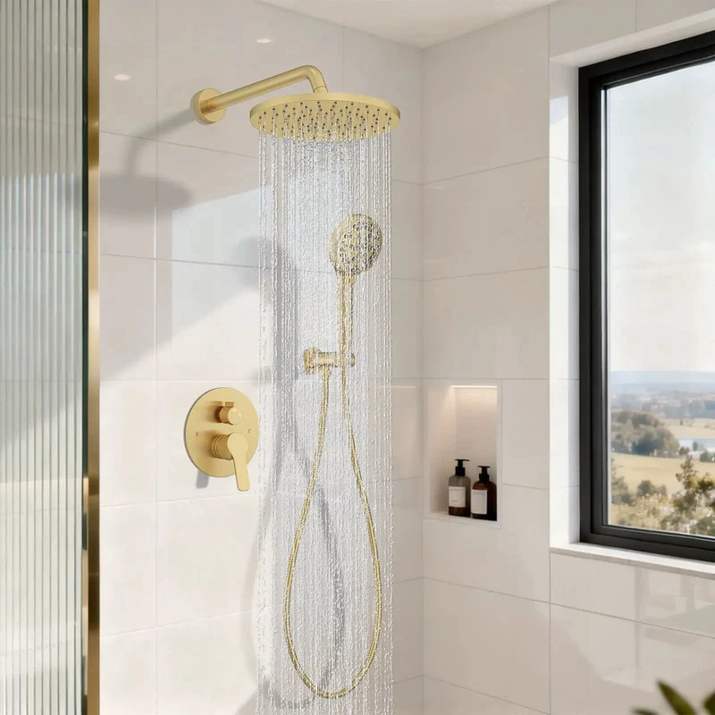 Top Shelf Brushed Gold Shower System Game Changer Featuring Dual Rain Head And Filtered Handheld Sprayer With Solid Brass Valve For Fresh Bathroom Vibes And Effortless Daily Showers