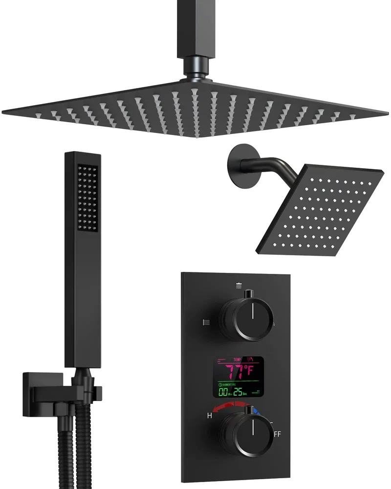 Top Shelf 12 Inch Matte Black Shower System With A Clever Digital Display That Monitors Heat And Shower Time On Its Own Features Three Smooth Spray Modes For A Ridiculously Easy Bathroom Refresh Routine