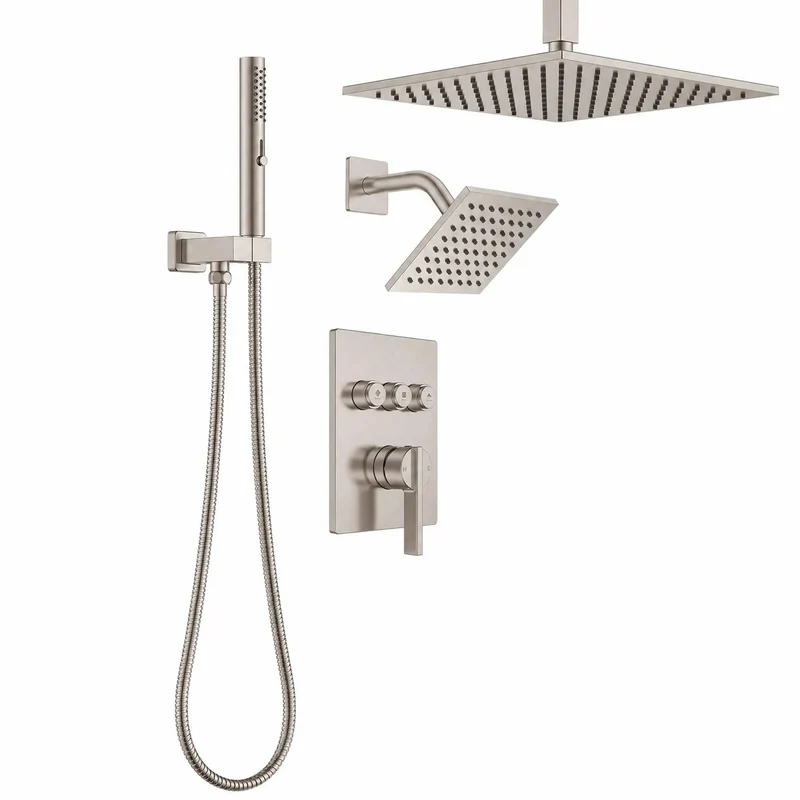 No Fluff Brushed Nickel Square Rain Shower System With 3 In 1 Handheld And Wall Sprayer Button Diverter Valve Trim Kit Knockout Ceiling Mount Bathroom Fixture Set