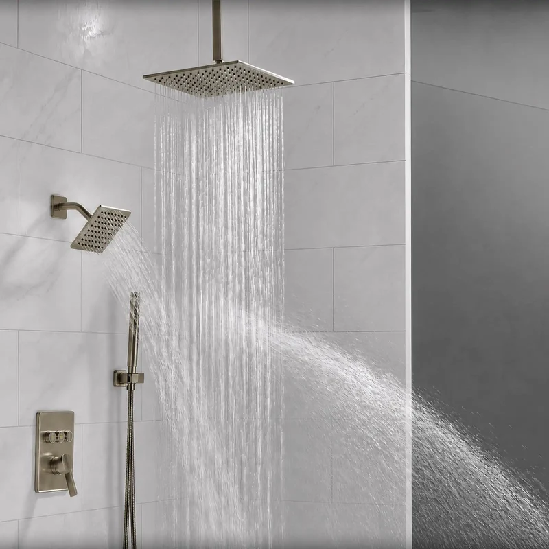 No Fluff Brushed Nickel Square Rain Shower System With 3 In 1 Handheld And Wall Sprayer Button Diverter Valve Trim Kit Knockout Ceiling Mount Bathroom Fixture Set