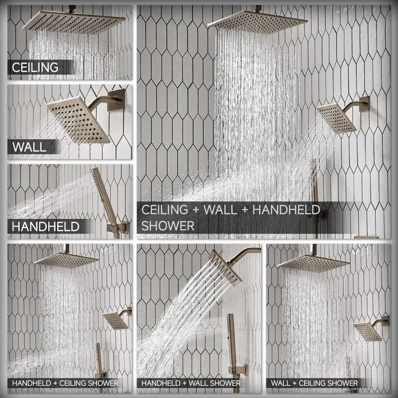 No Fluff Brushed Nickel Square Rain Shower System With 3 In 1 Handheld And Wall Sprayer Button Diverter Valve Trim Kit Knockout Ceiling Mount Bathroom Fixture Set
