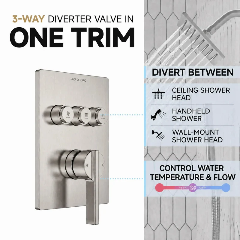 No Fluff Brushed Nickel Square Rain Shower System With 3 In 1 Handheld And Wall Sprayer Button Diverter Valve Trim Kit Knockout Ceiling Mount Bathroom Fixture Set