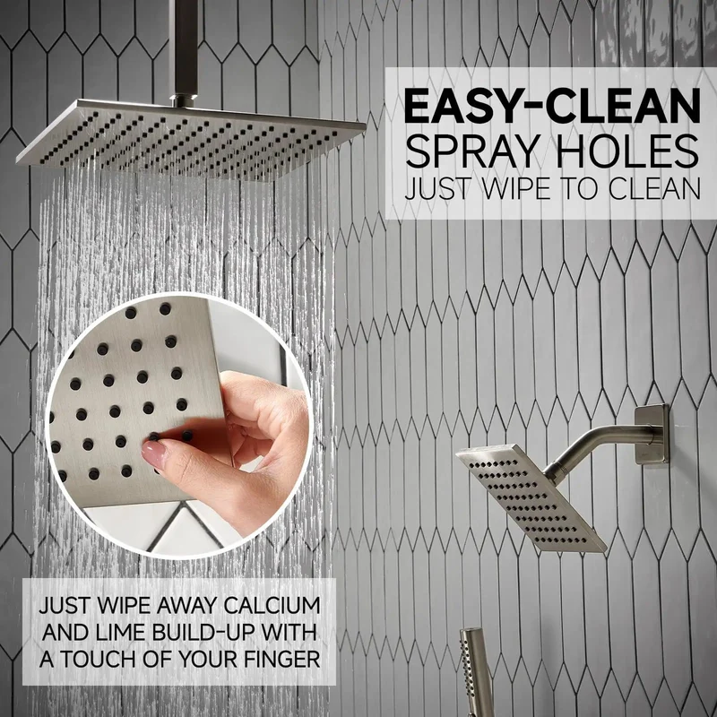 No Fluff Brushed Nickel Square Rain Shower System With 3 In 1 Handheld And Wall Sprayer Button Diverter Valve Trim Kit Knockout Ceiling Mount Bathroom Fixture Set